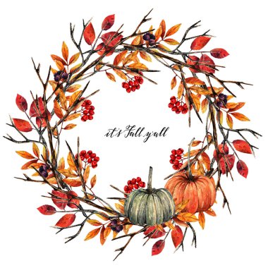 Suluboya çizimi. Sonbahar. Balkabakları, çeşitli yapraklar, kestane, meşe palamudu, kuru dallar, el yapımı, senin için kart, çelenk.