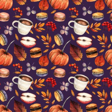 Suluboya çizimi. Sonbahar. Balkabağı, kekli çay, badem kurabiyesi, elma, yaprak, el yapımı, kart, kusursuz desen, koyu arkaplan