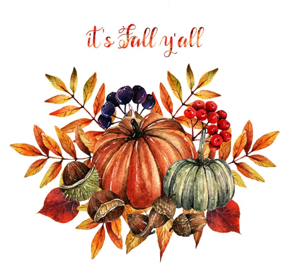 Aquarell Illustration Herbst Kürbisse Verschiedene Blätter Kastanien Eicheln Handgefertigt Karte — Stockfoto