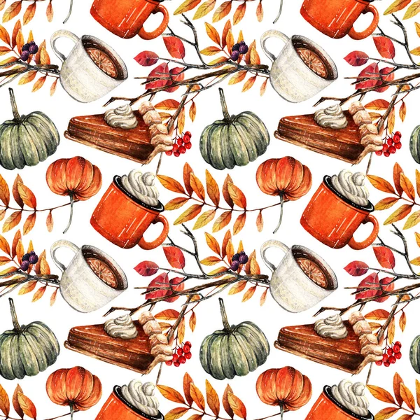 Ilustrace Akvarelů Podzim Dýně Šálek Čaje Kus Dýňového Koláče Šálek — Stock fotografie