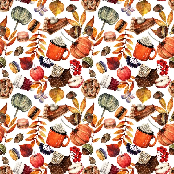 Ilustrace Akvarelů Podzim Dýně Jablka Kaštany Koláče Šálek Kávy Listy — Stock fotografie