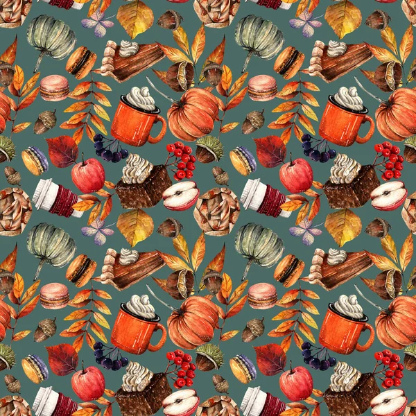 Aquarell Illustration Herbst Kürbisse Äpfel Kastanien Kuchen Tasse Kaffee Blätter — Stockfoto