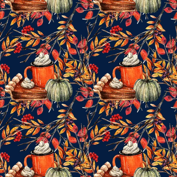Εικονογράφηση Υδατογραφίας Autumn Κολοκύθα Κομμάτι Κολοκυθόπιτα Φλιτζάνι Καφέ Κρέμα Κάρτα — Φωτογραφία Αρχείου