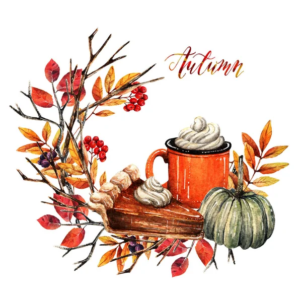 Watercolor illustration. Autumn.Pumpkin, piece of pumpkin pie, cup of coffee with cream, card for you, handmade