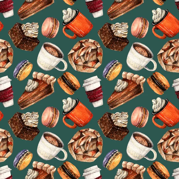 Aquarelillustratie Herfst Macarons Pompoentaart Taart Appelgalette Kop Thee Koffie Handgemaakt — Stockfoto