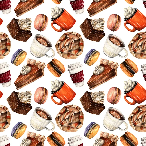 Aquarelillustratie Herfst Macarons Pompoentaart Taart Appelgalette Kop Thee Koffie Handgemaakt — Stockfoto