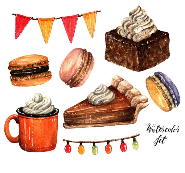 Watercolor Illustration Autumn Set Cake Garland Lights Pumpkin Pie Macaroons — Stock Photo, Image