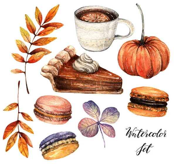 Akvarell Illusztráció Őszi Díszlet Tökfej Csésze Tea Sütőtök Pite Macaronok — Stock Fotó