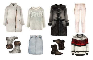 Suluboya, Moda Çizimi. Moda aksesuarları. Kış giysileri. Ceket, kazak, kot, ayakkabı, etek