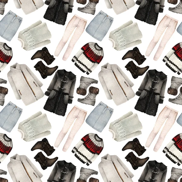Aquarel Modeillustratie Set Van Trendy Accessoires Winterkleding Jas Trui Jeans — Stockfoto
