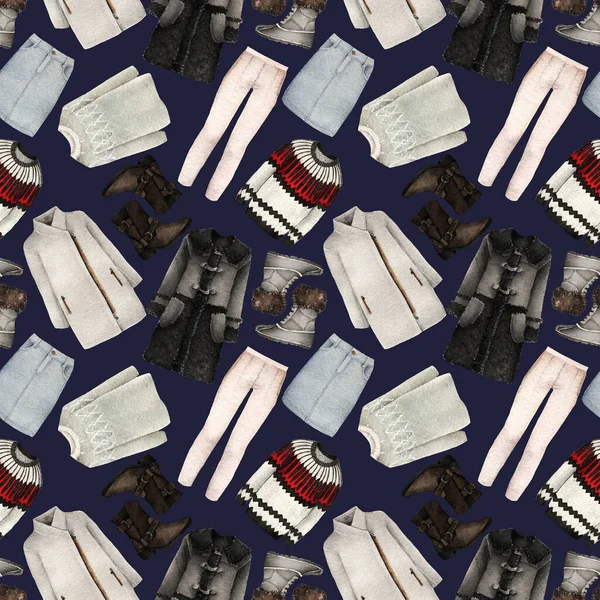 Акварель Иллюстрация Моды Набор Модных Аксессуаров Зимняя Одежда Пальто Свитер — стоковое фото