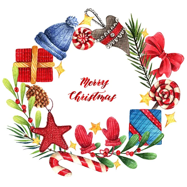 Акварельная Иллюстрация Счастливого Рождества Елки Омела Подарки Шляпа Варежки Игрушки — стоковое фото