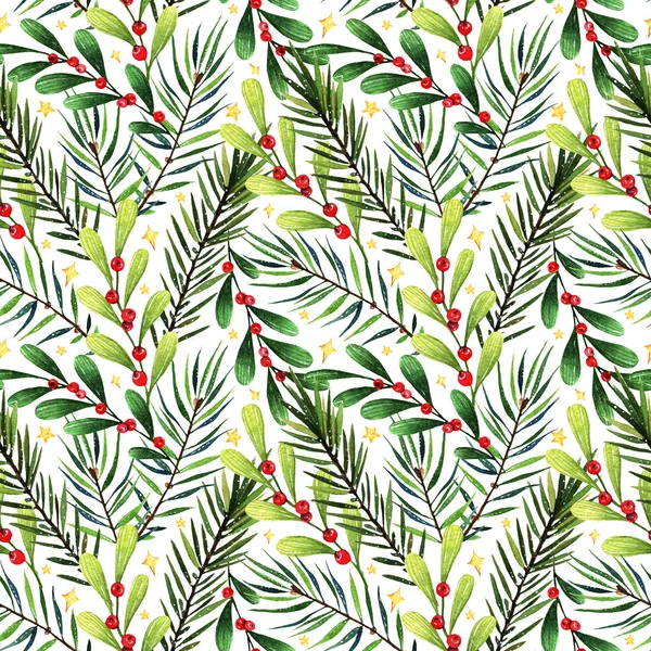 Watercolor Illustration Happy Holidays Fir Branches Mistletoe Handmade Postcard You — Stock Photo, Image