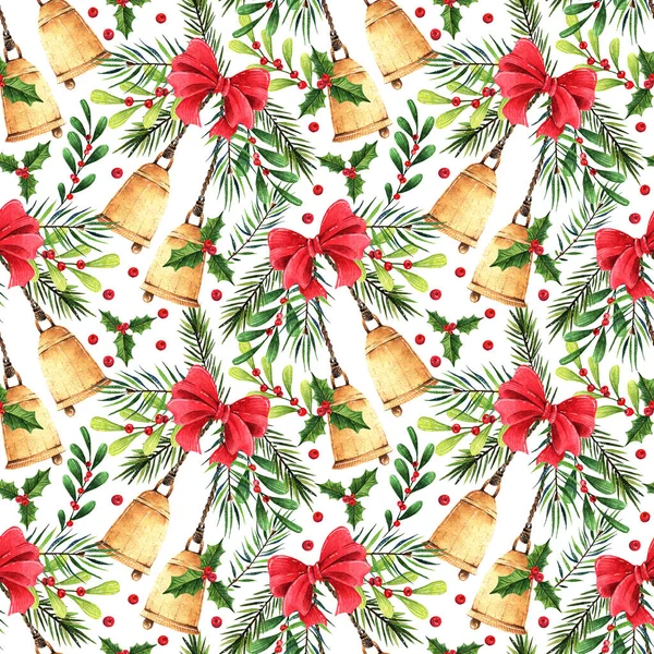 Watercolor Illustration Merry Christmas Bells Fir Branches Mistletoe Handmade Postcard — Stock Photo, Image