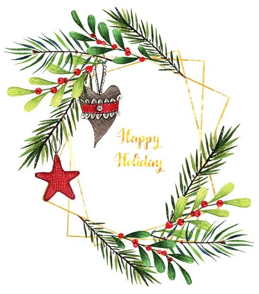 水彩イラスト 幸せな休日 クリスマスツリーのおもちゃ モミの枝 ミステリー あなたのためのポストカード 手作り — ストック写真