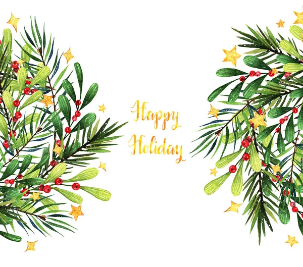 水彩イラスト 幸せな休日 モミの枝 ミステリー 手作り あなたのためのポストカード — ストック写真