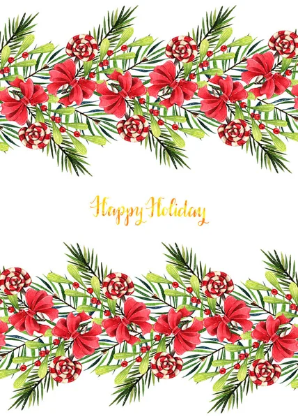 Watercolor Illustration Happy Holidays Mistletoe Fir Branches Candies Handmade Postcard — Stock Photo, Image