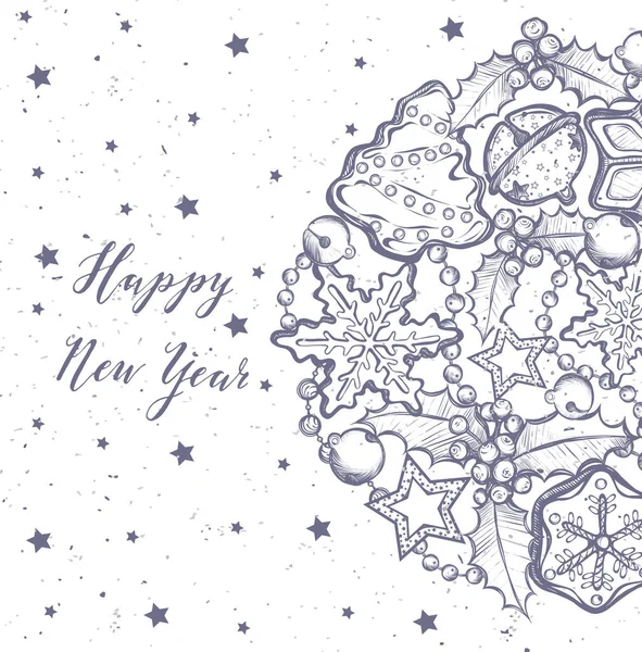 Szczęśliwego Nowego Roku Illust Wektor Imbirowe Herbatniki Jemioła Girlandy Dzwony — Wektor stockowy