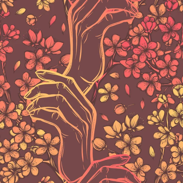 Belle Cerise Illustration Vectorielle Branche Sakura Main Bourgeons Fleurs Fait — Image vectorielle
