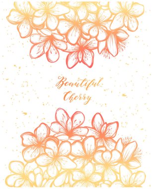 Vektör illüstrasyonu, Güzel Kiraz, Sakura, tomurcuklar, çiçekler, el yapımı, sizin için kart, sarı pembe renk.