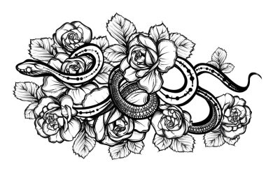 Vector illustration, snake and flowers, tattoo, print on t-shirt, Handmade clipart