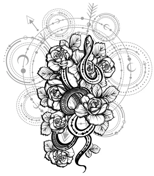 Ilustración Vectorial Serpiente Flores Geometría Astronómica Impresión Camiseta Hecho Mano — Archivo Imágenes Vectoriales