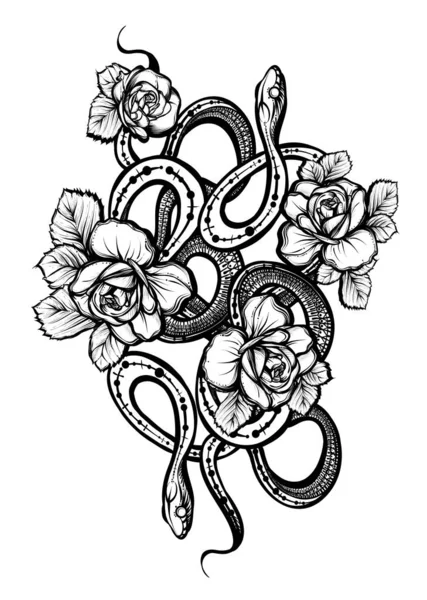 Ilustración Vectorial Serpientes Flores Tatuaje Hecho Mano Impresión Camiseta — Vector de stock