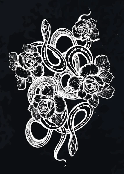 Vector Illustration Snakes Flowers Tattoo Handmade Print Shirt Chalkboard Background — Stock Vector