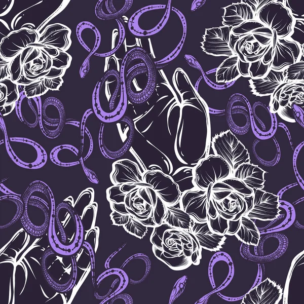 Illustration Vectorielle Serpent Portée Main Fleurs Fait Main Motif Sans — Image vectorielle