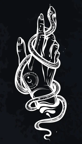矢量插图 蛇在手 打印在T恤 黑板背景 — 图库矢量图片