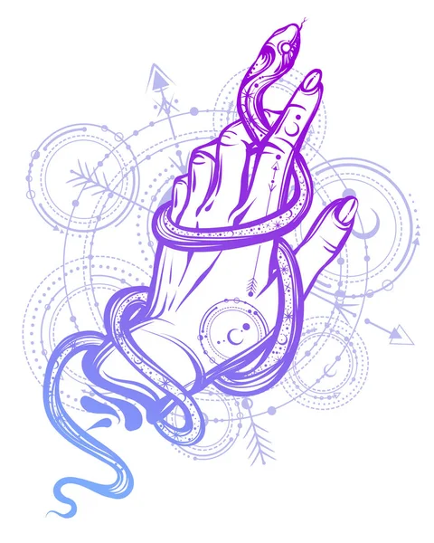 Illust Vetorial Serpente Mão Feito Mão Tatuagem Impressão Shirt Geometria — Vetor de Stock