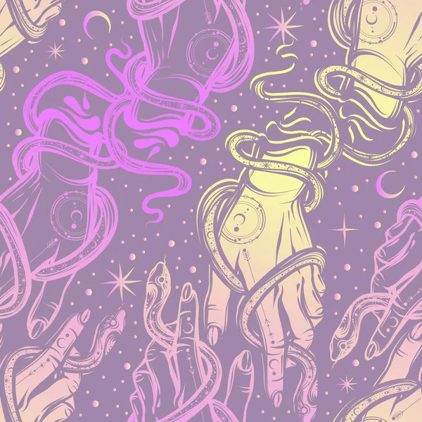 Векторная Иллюстрация Змея Руке Ручная Работа Бесшовный Узор Фиолетовый Фон — стоковый вектор