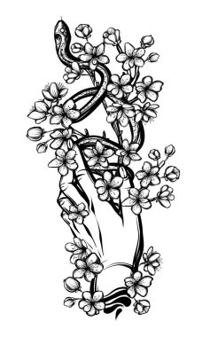 Vektör illüstrasyonu, sakura dalındaki yılan, eller, el yapımı, hafif arkaplan