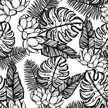 Vektör çizimi, Tropik yaz. Tropik yapraklar, kaktüs, el yapımı, pürüzsüz desen, açık arkaplan