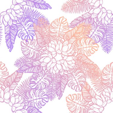 Vektör çizimi, Tropik yaz. Tropik yapraklar, kaktüs, çelenk, el yapımı, pürüzsüz desen, açık arkaplan