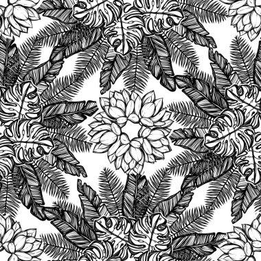 Vektör çizimi, Tropik yaz. Kaktüs, tropikal yapraklar, pürüzsüz desen, hafif arka plan, el yapımı.