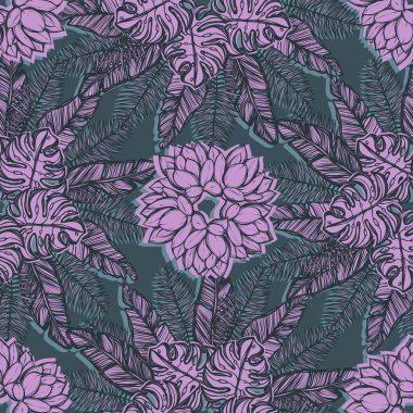 Vektör çizimi, Tropik yaz. Kaktüs, tropikal yapraklar, pürüzsüz desen, koyu arka plan, el yapımı.