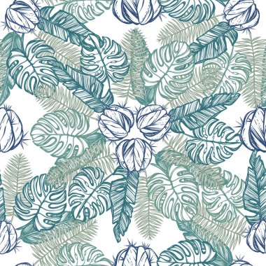 Vektör çizimi, Tropik yaz. Tropikal yapraklar, kaktüsler, pürüzsüz desenler, el yapımı, açık arkaplan