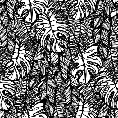 Vektör çizimi, Tropik yaz. Kaktüs, tropikal yapraklar, el yapımı, hafif arka plan, pürüzsüz desen