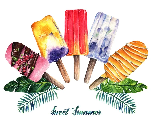 Ilustración Acuarela Dulce Verano Helado Hielo Frutas Hojas Tropicales Hecho —  Fotos de Stock