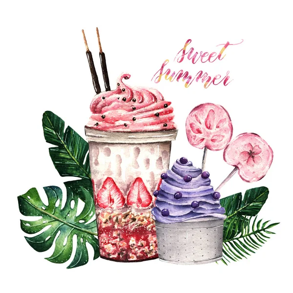 Aquarelillustratie Zoet Zomer Ijs Milkshake Lolly Tropische Bladeren Handgemaakt Ansichtkaart — Stockfoto