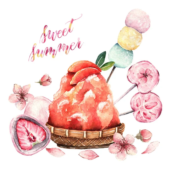 Aquarell Illustration Süßer Sommer Rasiertes Eis Mochi Lutscher Blumen Handarbeit — Stockfoto