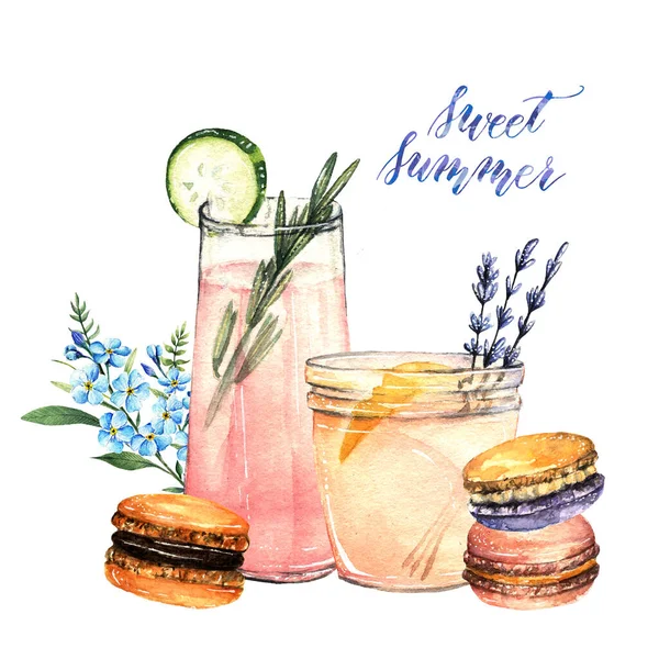 Ilustración Acuarela Dulce Verano Limonada Macarrones Hecho Mano Postal Estampado —  Fotos de Stock