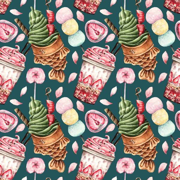 Aquarelillustratie Sweet Summer Milkshake Fish Ice Cream Taiyaki Mochi Handgemaakt — Stockfoto