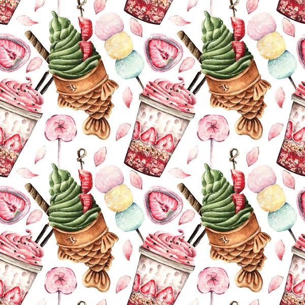 Watercolor Illustration Sweet Summer Milkshake Fish Ice Cream Taiyaki Mochi — Stock Photo, Image