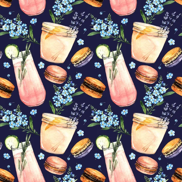 Aquarelillustratie Zoete Zomer Limonade Macarons Handgemaakt Ansichtkaart Print Shirt Naadloos — Stockfoto