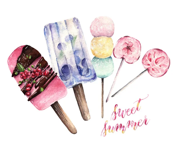 水彩画 甜蜜的夏天 冰淇淋 棒棒糖 手工制作 明信片 打印在T恤上 — 图库照片
