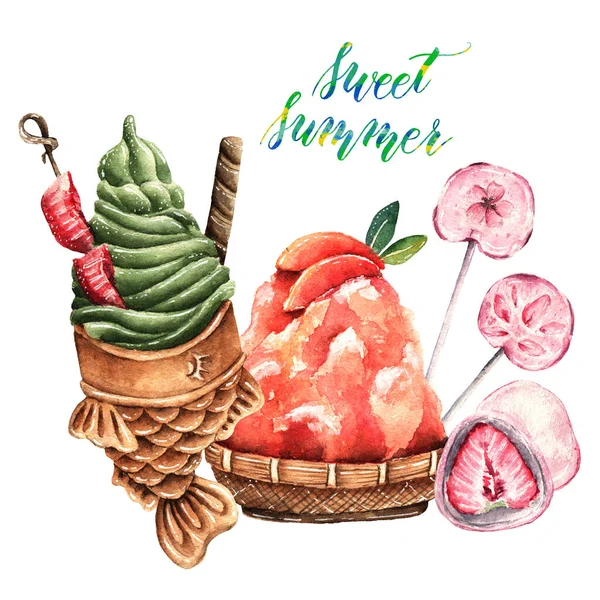 Watercolor Illustration Sweet Summer Fish Ice Cream Taiyaki Shaved Ice — Stock Photo, Image