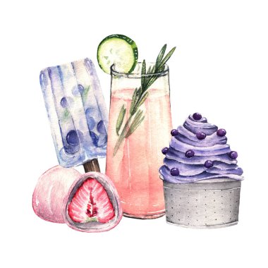 Suluboya çizimi. Tatlı yaz, kokteyl, dondurma, mochi, el yapımı, kartpostal, tişört baskısı