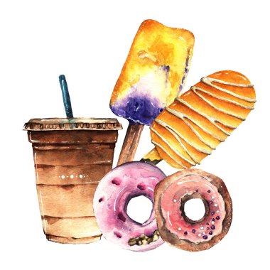 Suluboya çizimi. Tatlı yaz, soğuk kahve, dondurma, çörek, el yapımı, kartpostal, tişört baskısı.